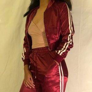 Cherry Red Silk Two Piece Track Suit